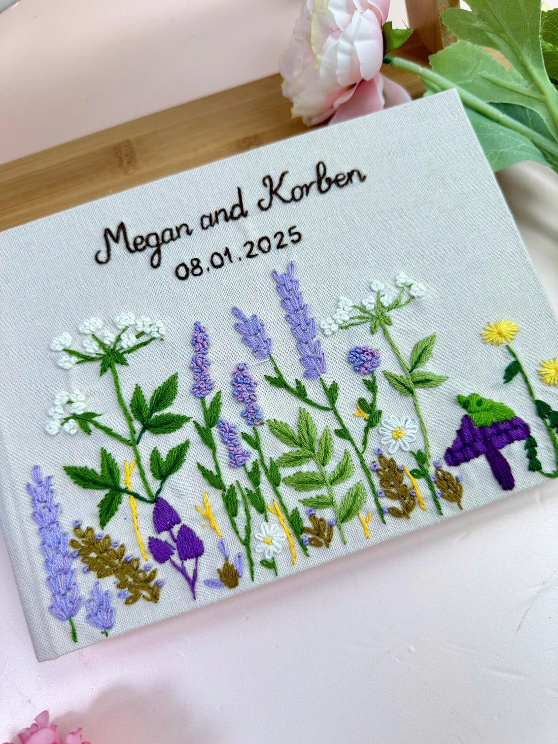 Lavender Meadow Guest Book, Personalised by The Thread Nest, hand-embroidered linen cover, photo 1