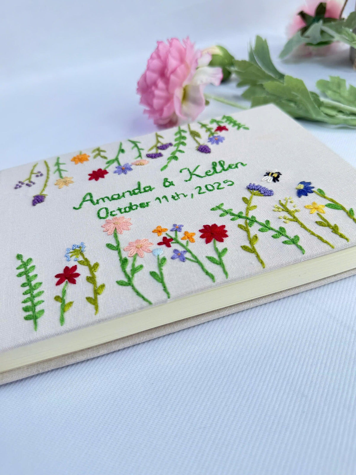 Wildflower Guest Book, Names & Date by The Thread Nest, hand-embroidered linen cover, photo 3
