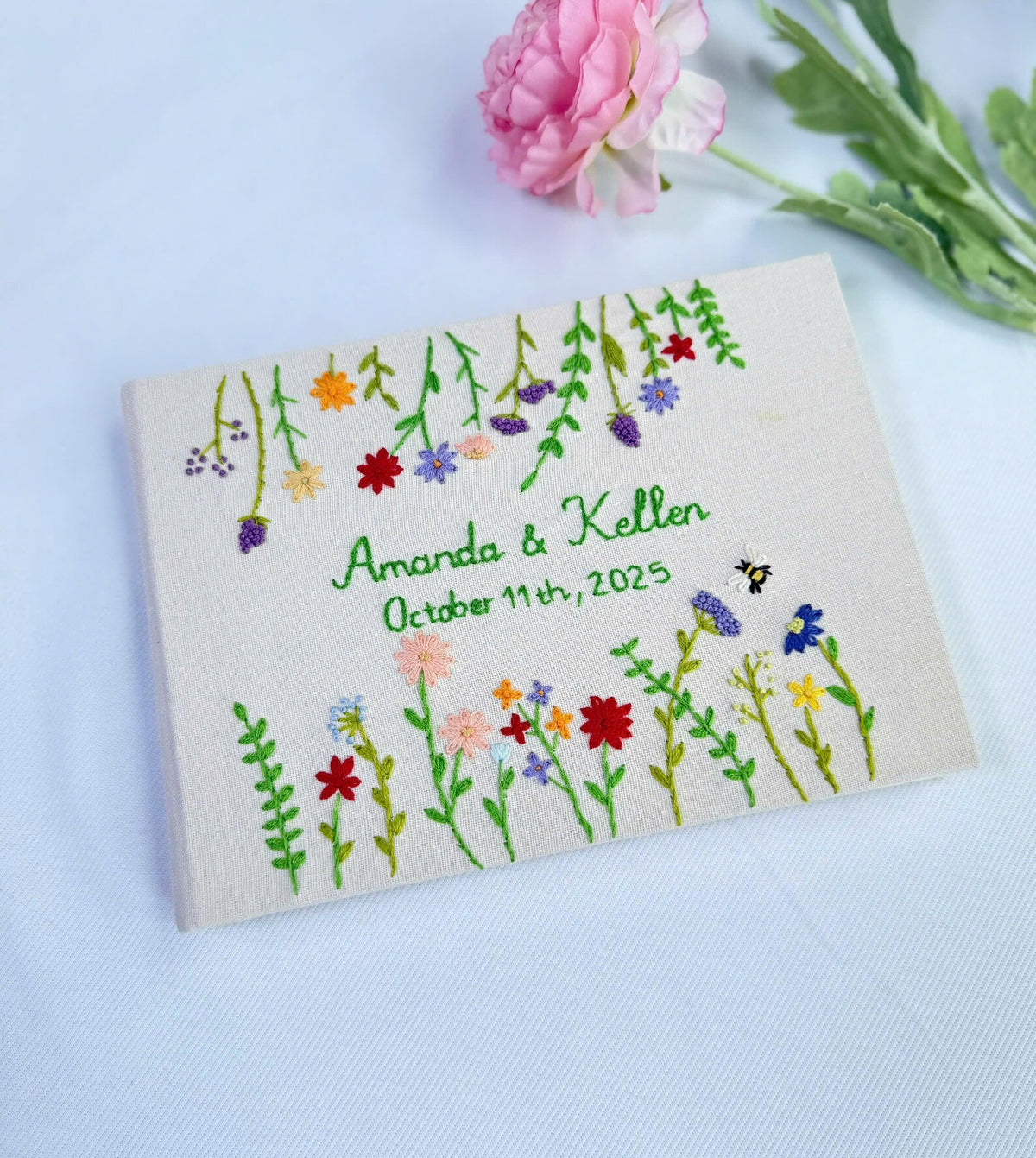Wildflower Guest Book, Names & Date by The Thread Nest, hand-embroidered linen cover, photo 2