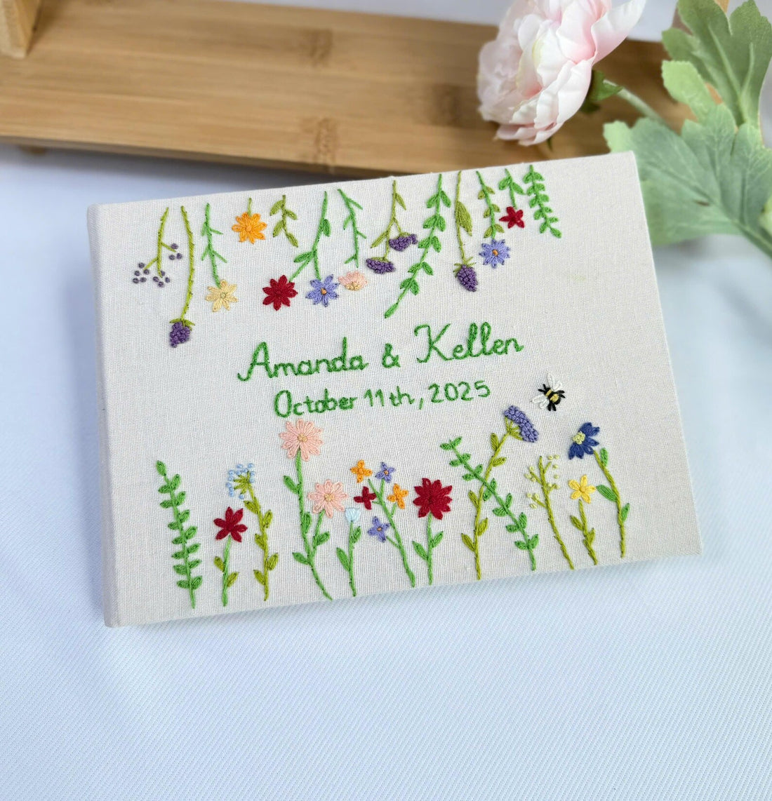 Wildflower Guest Book, Names & Date by The Thread Nest, hand-embroidered linen cover, photo 1