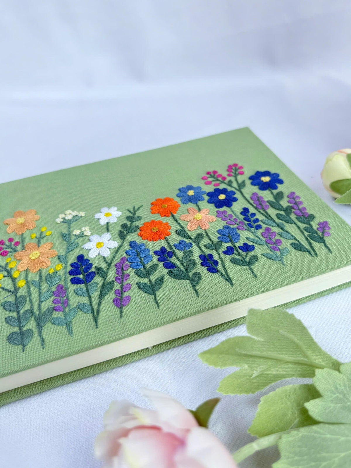 Green Linen Adventure Journal, Personalised by The Thread Nest, hand-embroidered linen cover, photo 3