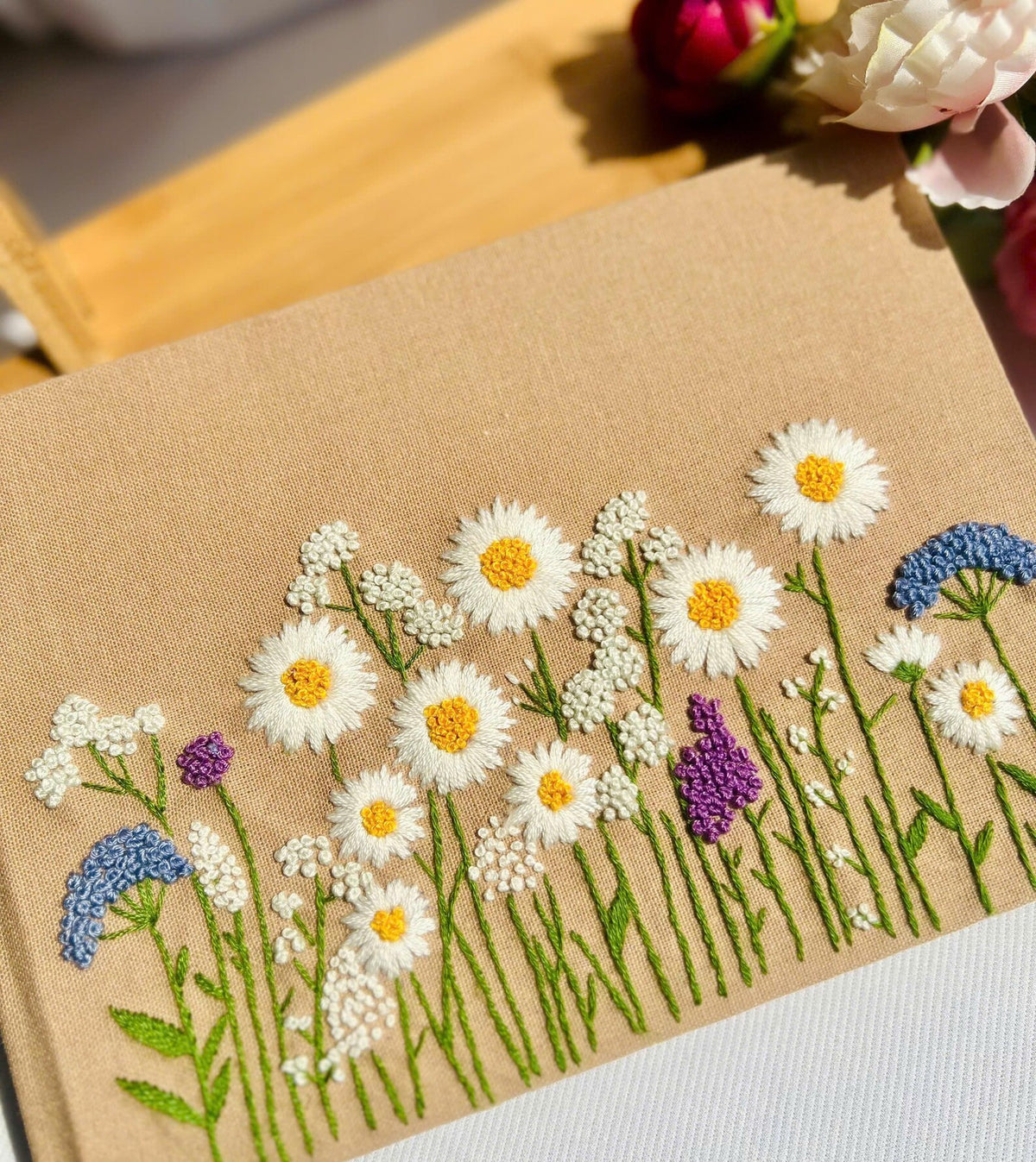 Daisy Meadow Guest Book by The Thread Nest, hand-embroidered linen cover, photo 3