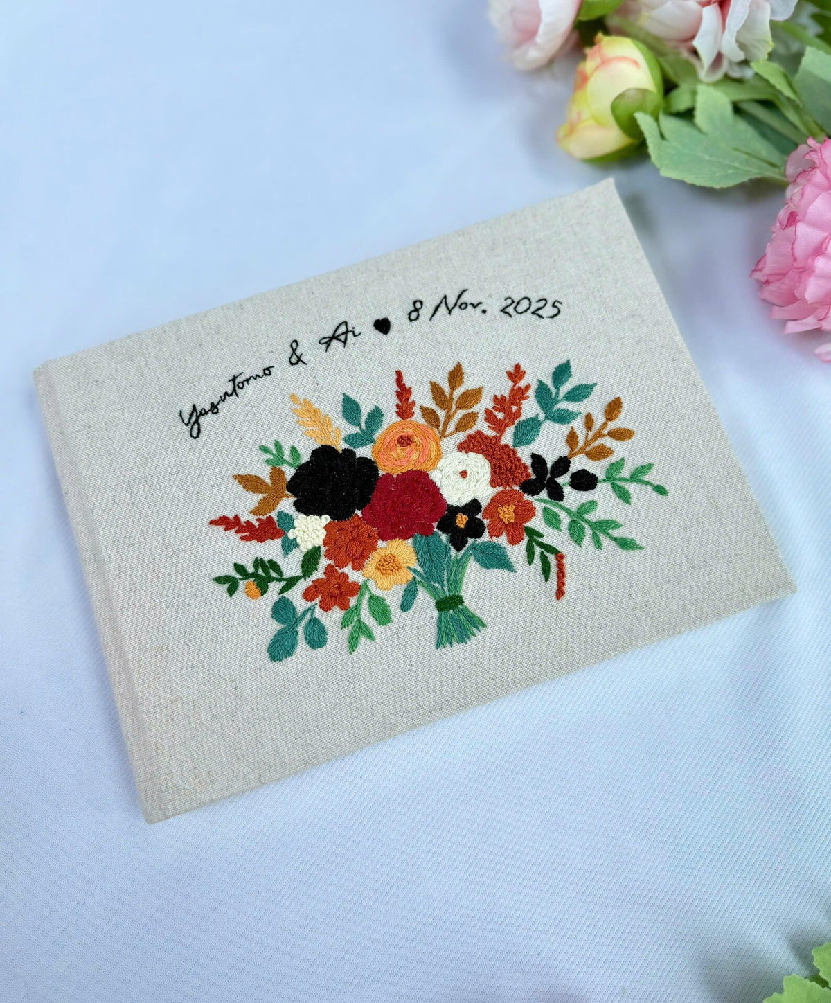 Bold Bouquet Guest Book by The Thread Nest, hand-embroidered linen cover, photo 1