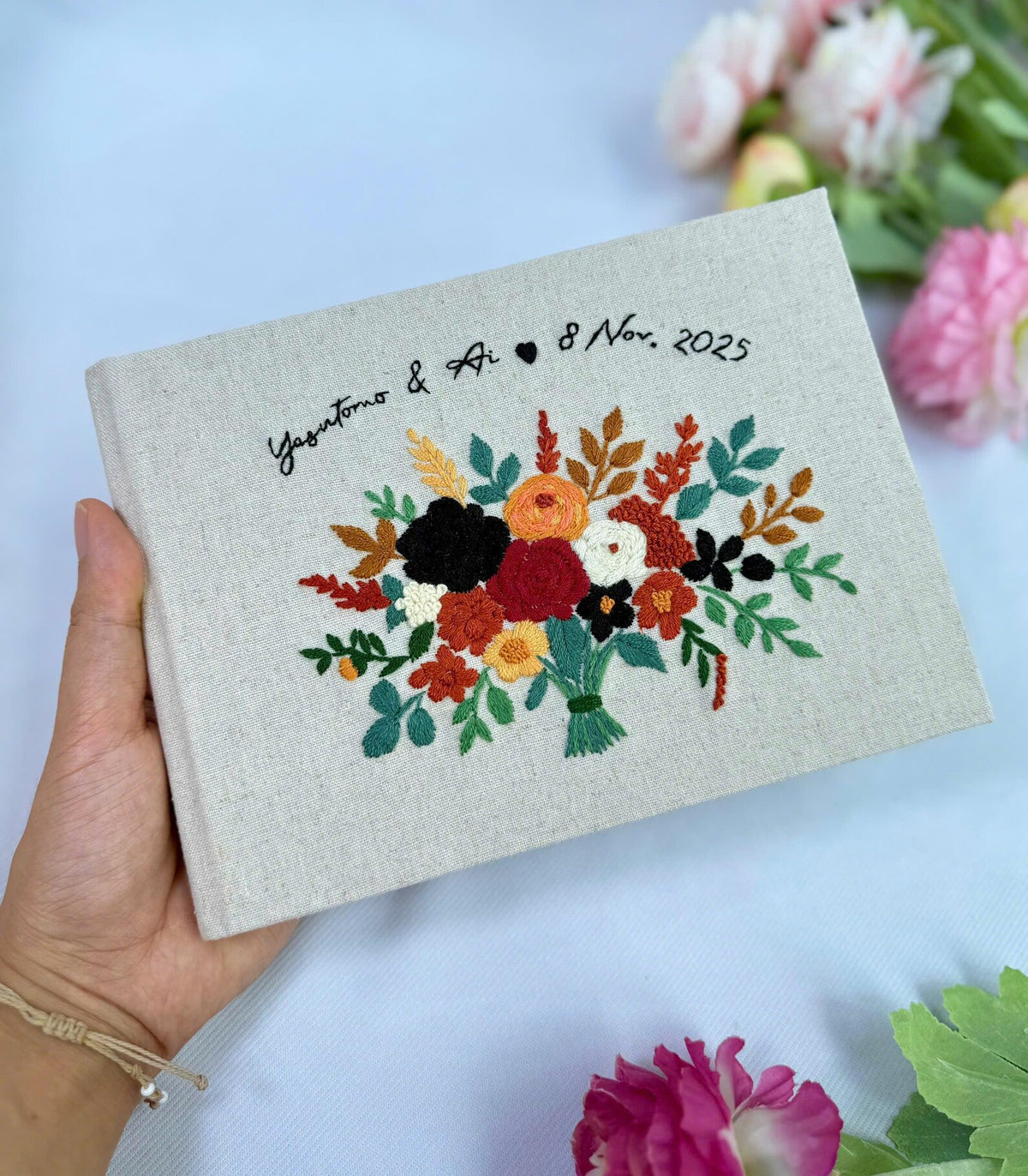 Bold Bouquet Guest Book by The Thread Nest, hand-embroidered linen cover, photo 4