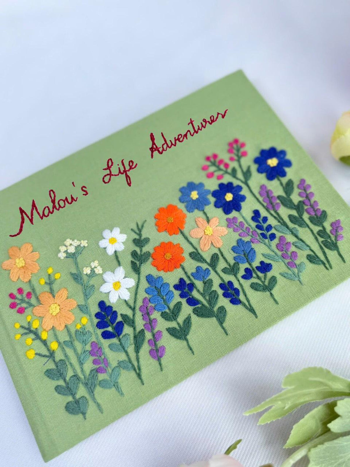 Green Linen Adventure Journal, Personalised by The Thread Nest, hand-embroidered linen cover, photo 4