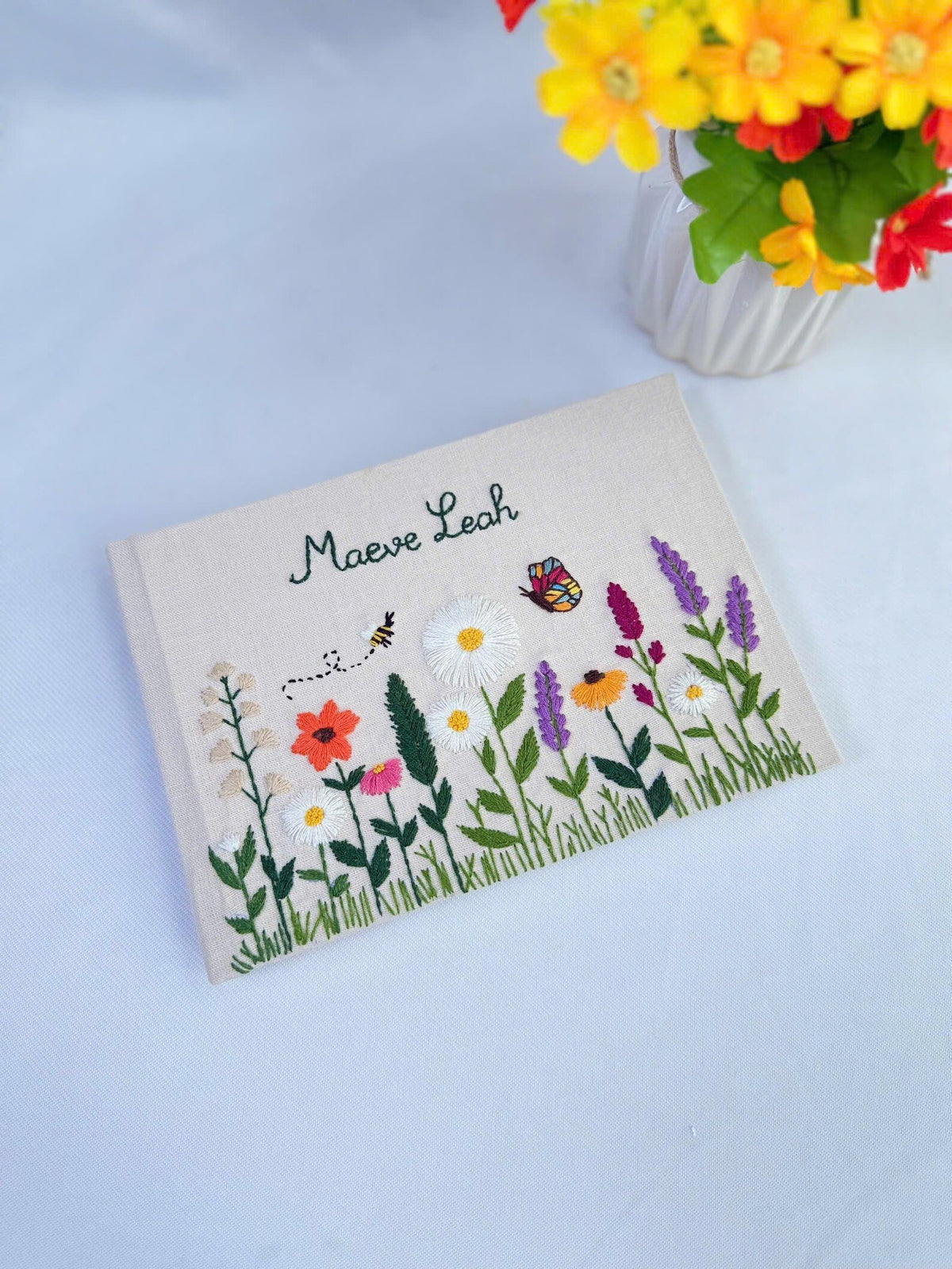 Wildflower, Bee & Butterfly Journal, Personalised by The Thread Nest, hand-embroidered linen cover, photo 4