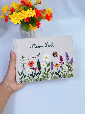 Wildflower, Bee & Butterfly Journal, Personalised by The Thread Nest, hand-embroidered linen cover, photo 1