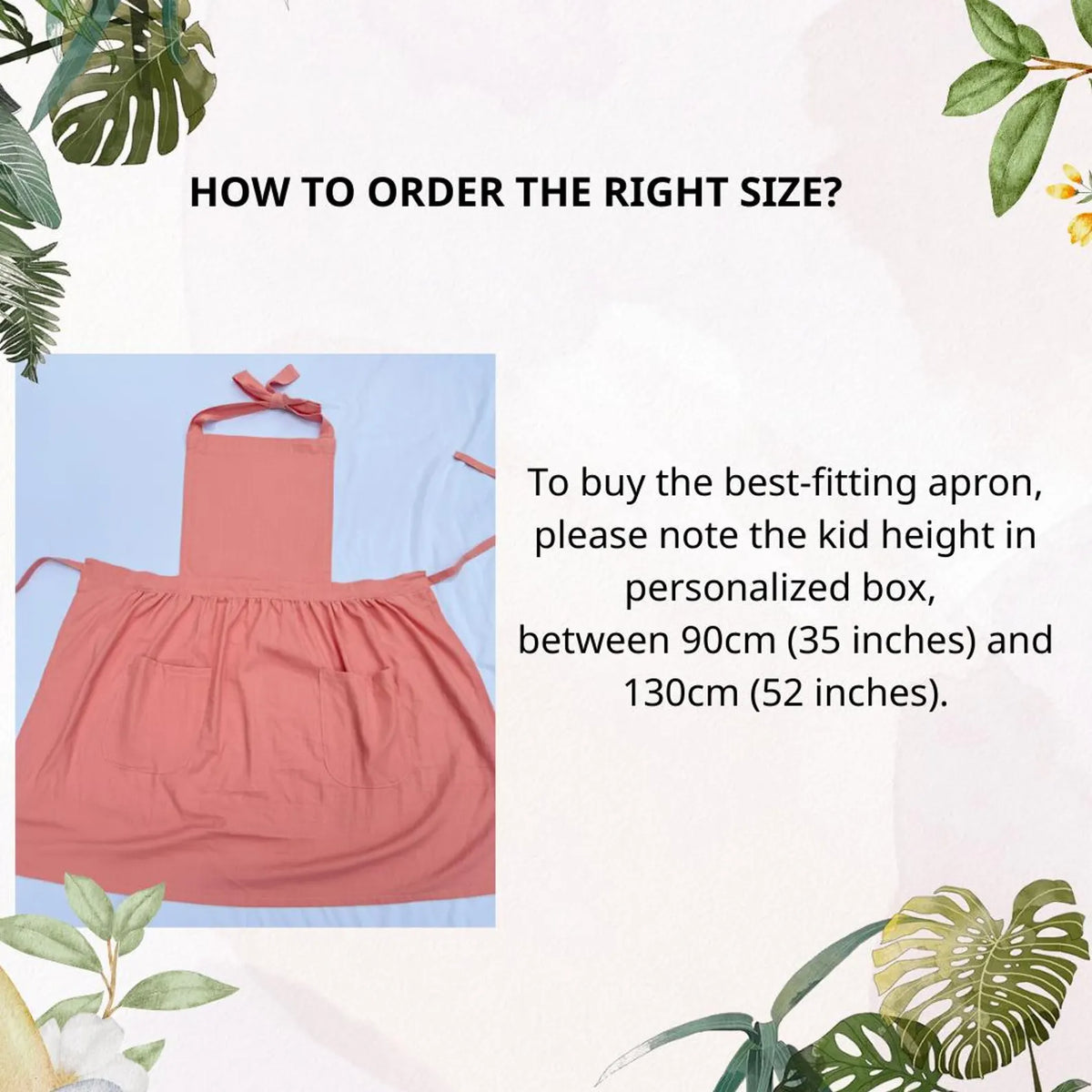 Kids apron size guide, for heights between 90 cm and 130 cm
