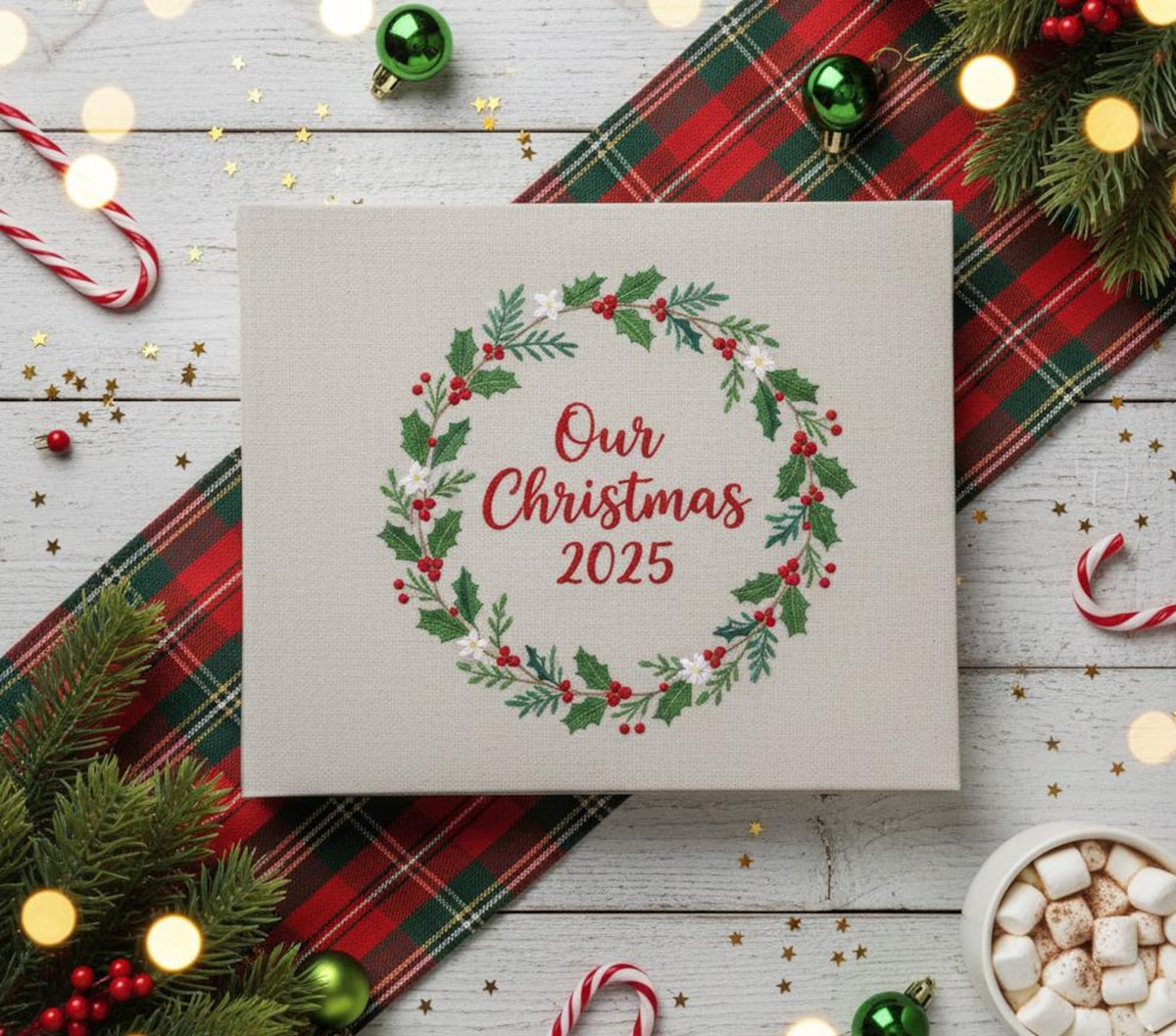 Christmas Memory Book, Personalised by The Thread Nest, hand-embroidered linen cover, photo 8