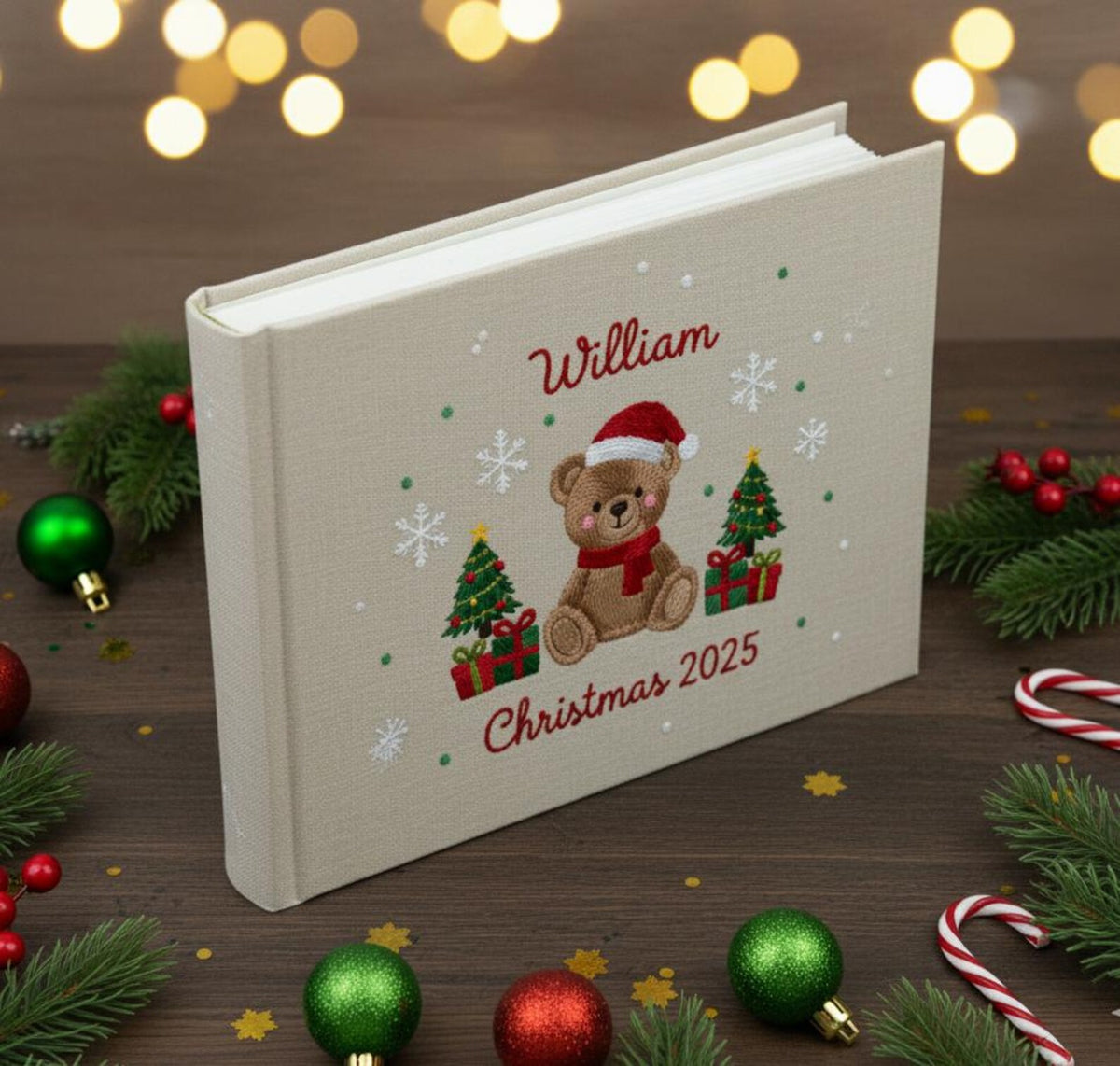 Christmas Memory Book, Personalised by The Thread Nest, hand-embroidered linen cover, photo 12