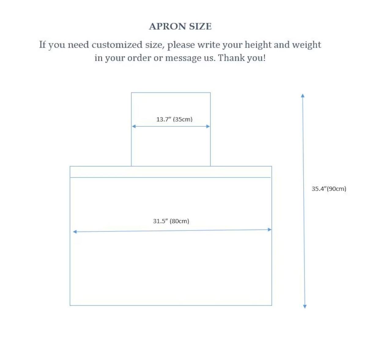 Apron size diagram, 31.5 inches wide, 35.4 inches long, bib 13.7 inches across