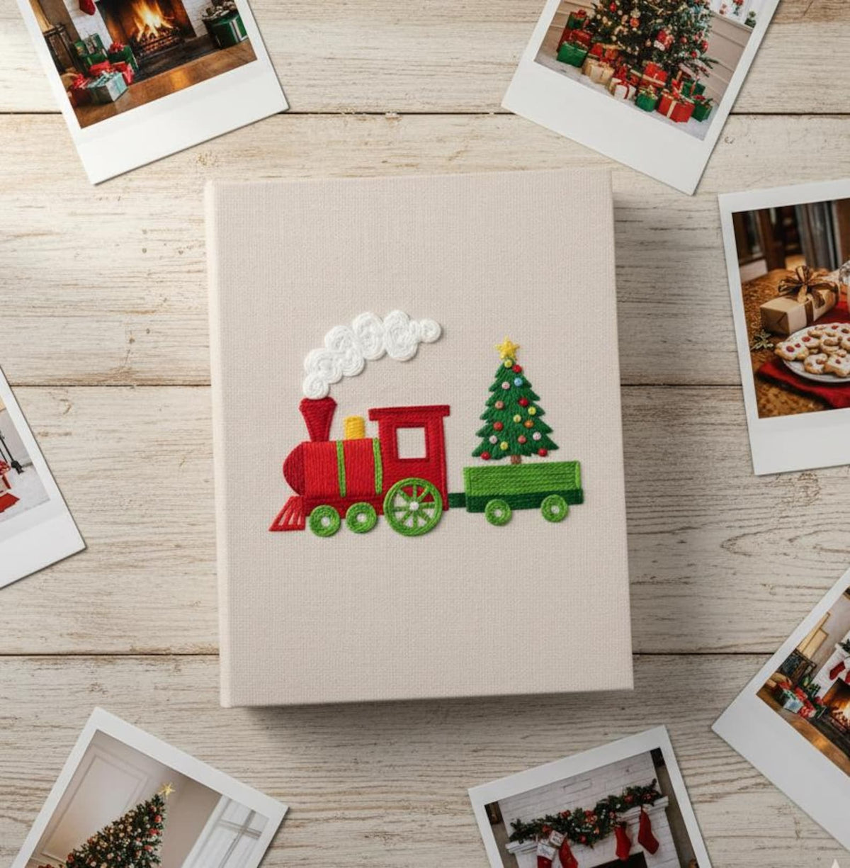 A cream-colored keepsake box with an embroidered Christmas train — hand-embroidered by The Thread Nest