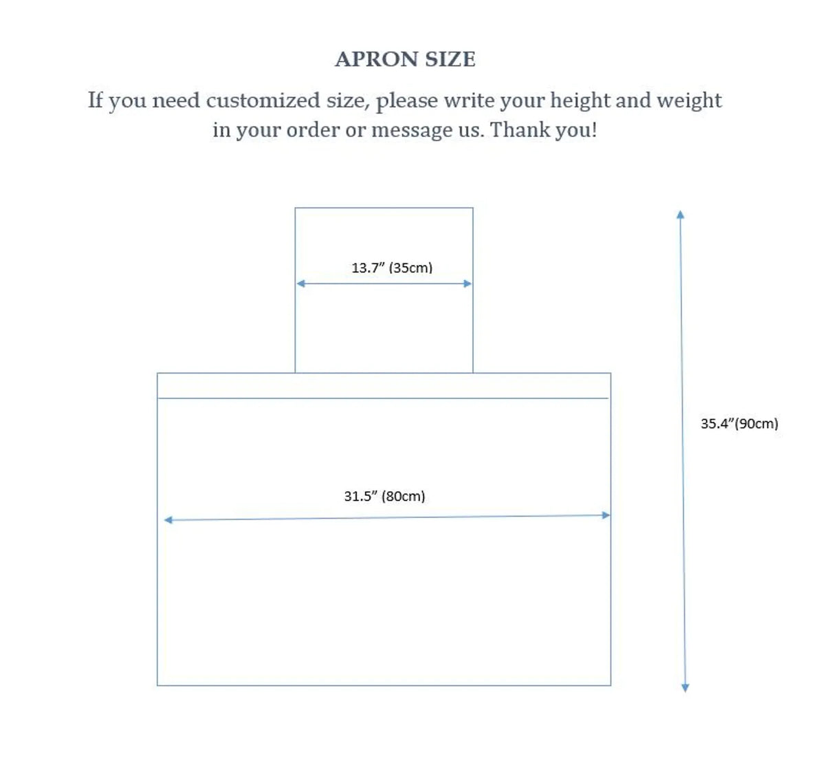 Apron size diagram, 31.5 inches wide, 35.4 inches long, bib 13.7 inches across