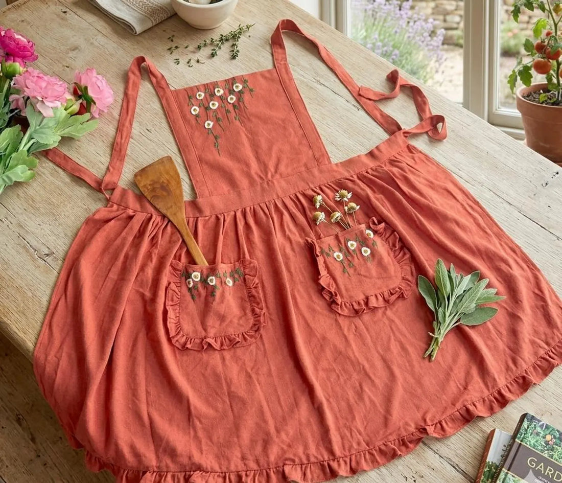 A rust linen ruffled apron laid flat, embroidered with white flowers on the bib and pockets — hand-embroidered by The Thread Nest