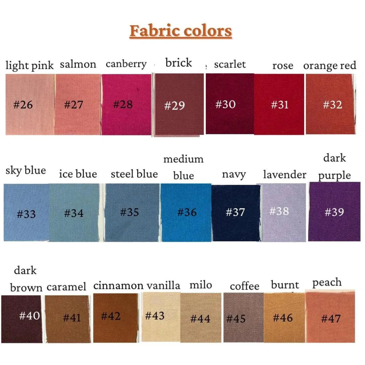 Linen colour chart, swatches 26 to 47 with their names and numbers