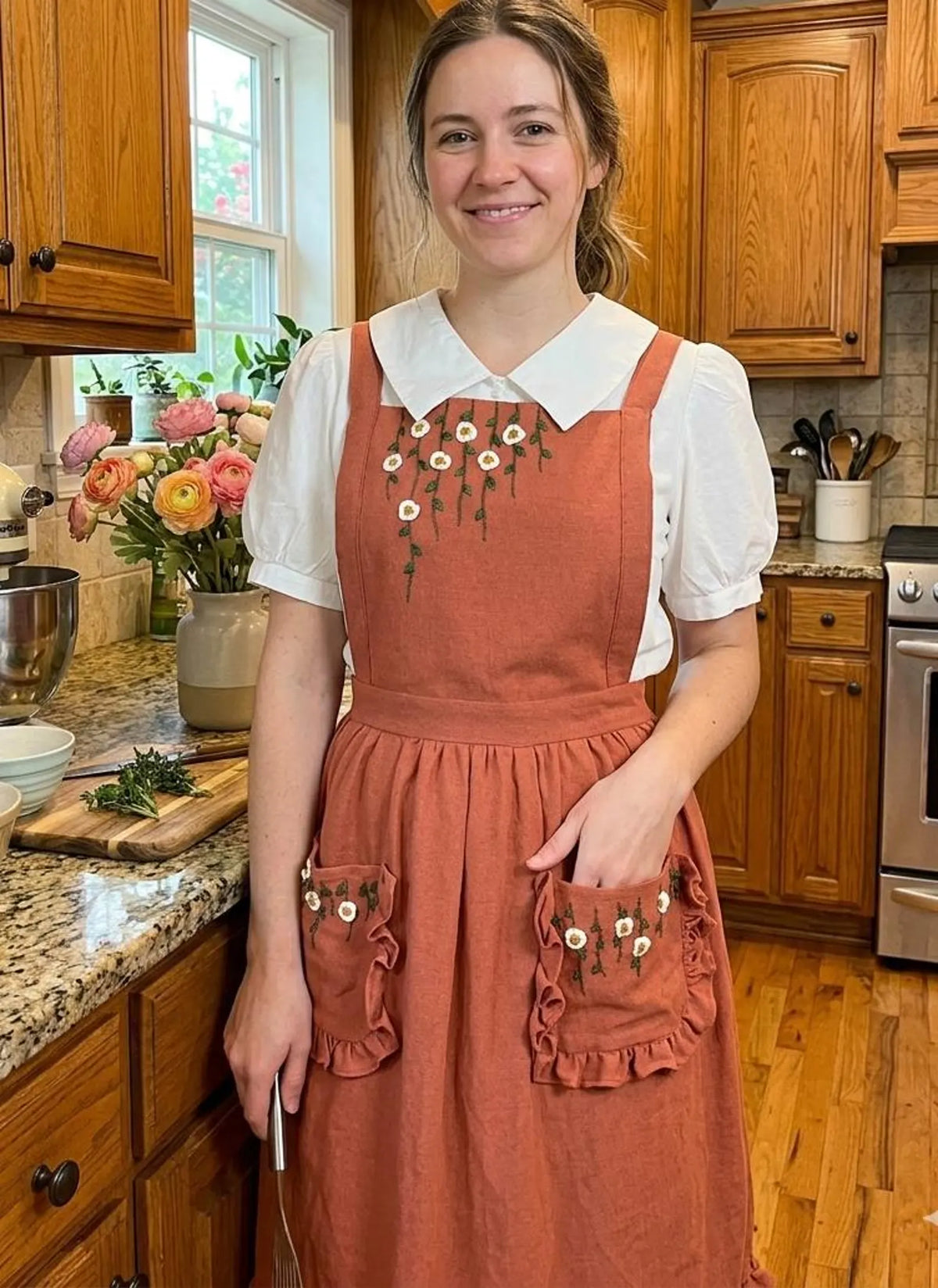 A woman wearing a rust ruffled linen apron with white floral embroidery in a kitchen — hand-embroidered by The Thread Nest