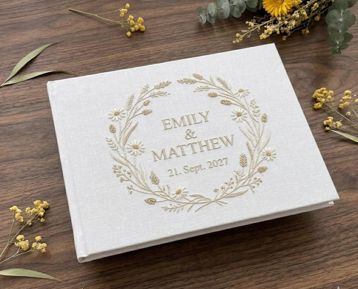 Floral Wreath Guest Book, Names & Date by The Thread Nest, hand-embroidered linen cover, photo 8