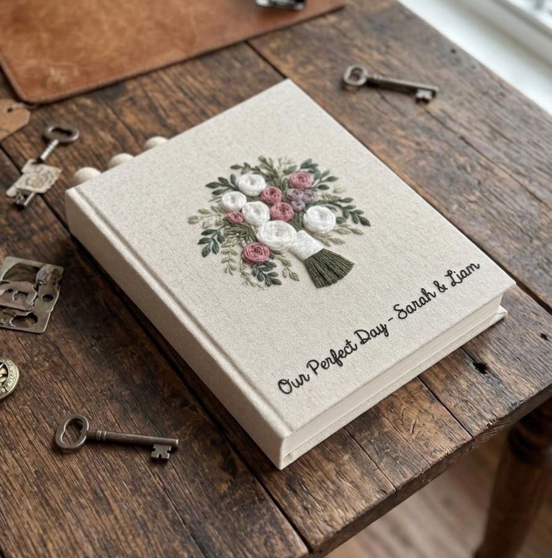 A linen-covered wedding guest book with an embroidered floral bouquet design in white, pink, and green — hand-embroidered by The Thread Nest