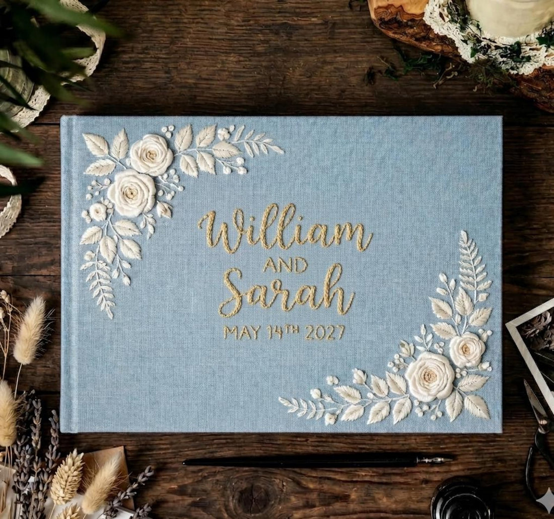 Floral Wreath Guest Book, Names & Date by The Thread Nest, hand-embroidered linen cover, photo 1