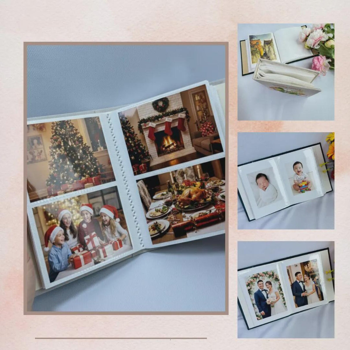 A photo album showing pages of clear plastic sleeves with printed photographs — hand-embroidered by The Thread Nest