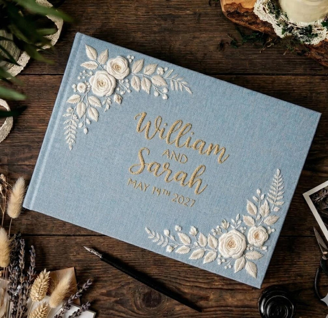 Floral Wreath Guest Book, Names & Date by The Thread Nest, hand-embroidered linen cover, photo 1