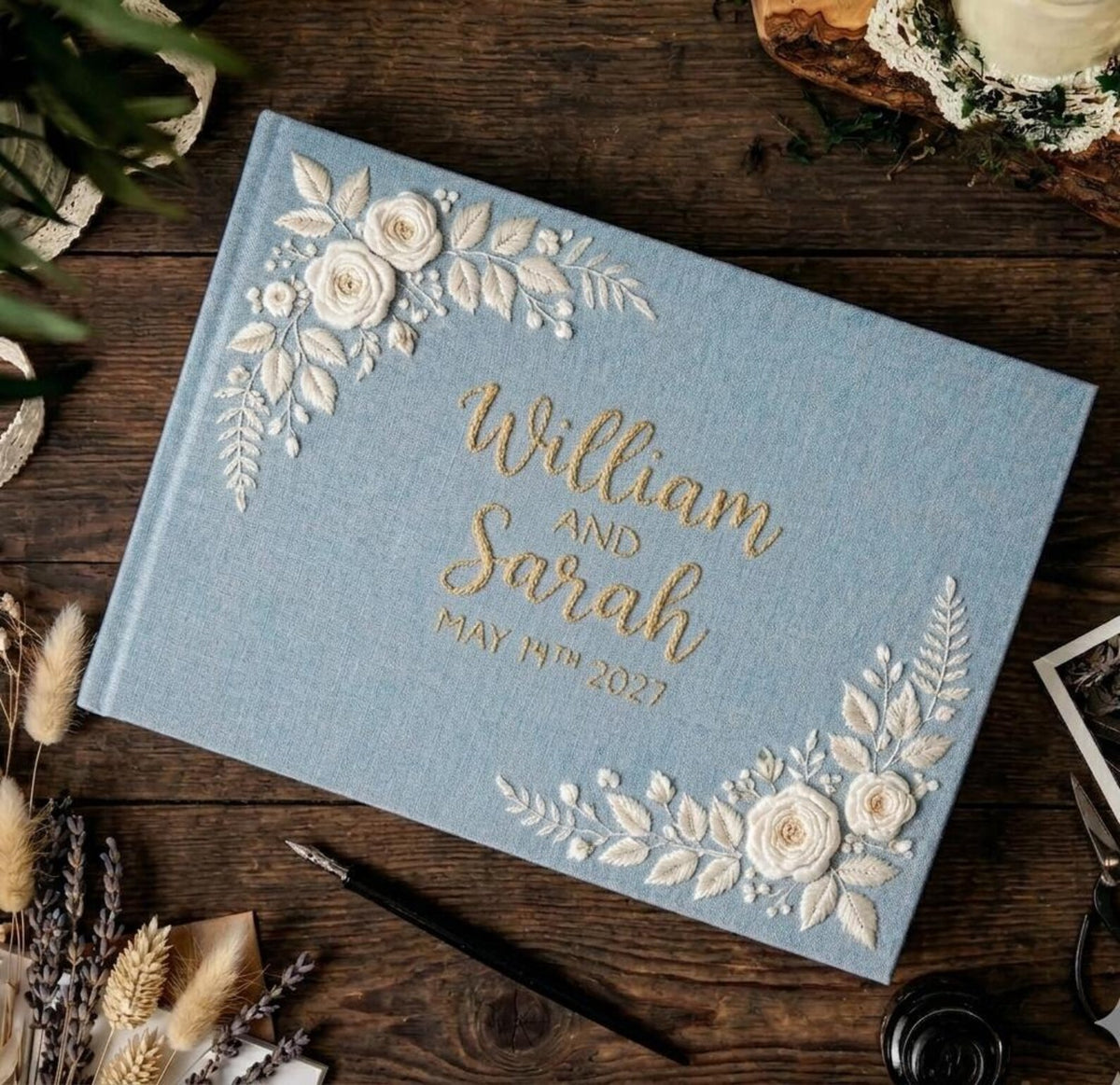 Floral Wreath Guest Book, Names & Date by The Thread Nest, hand-embroidered linen cover, photo 2