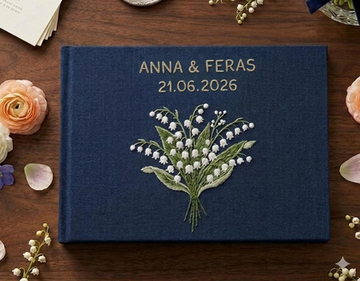 Floral Wreath Guest Book, Names & Date by The Thread Nest, hand-embroidered linen cover, photo 4