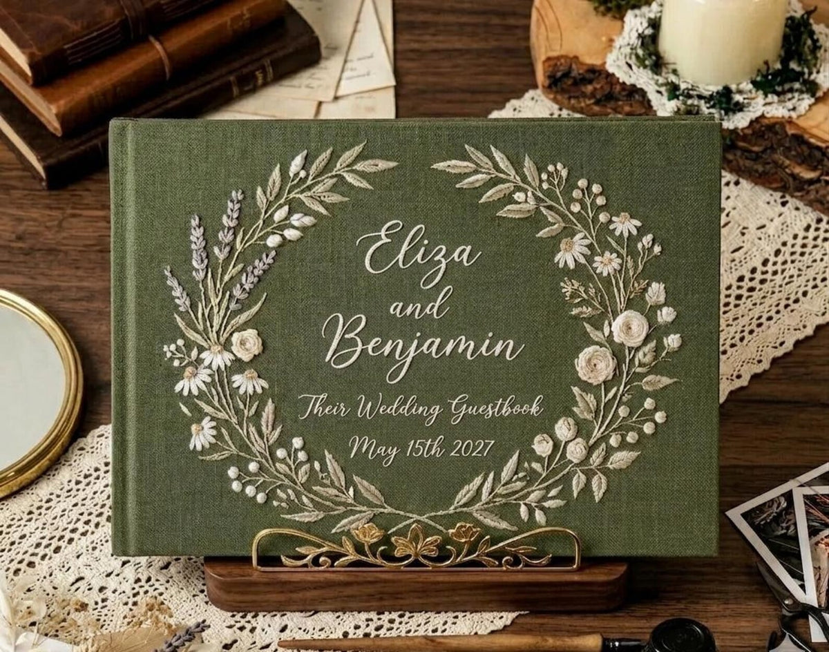 Floral Wreath Guest Book, Names & Date by The Thread Nest, hand-embroidered linen cover, photo 3