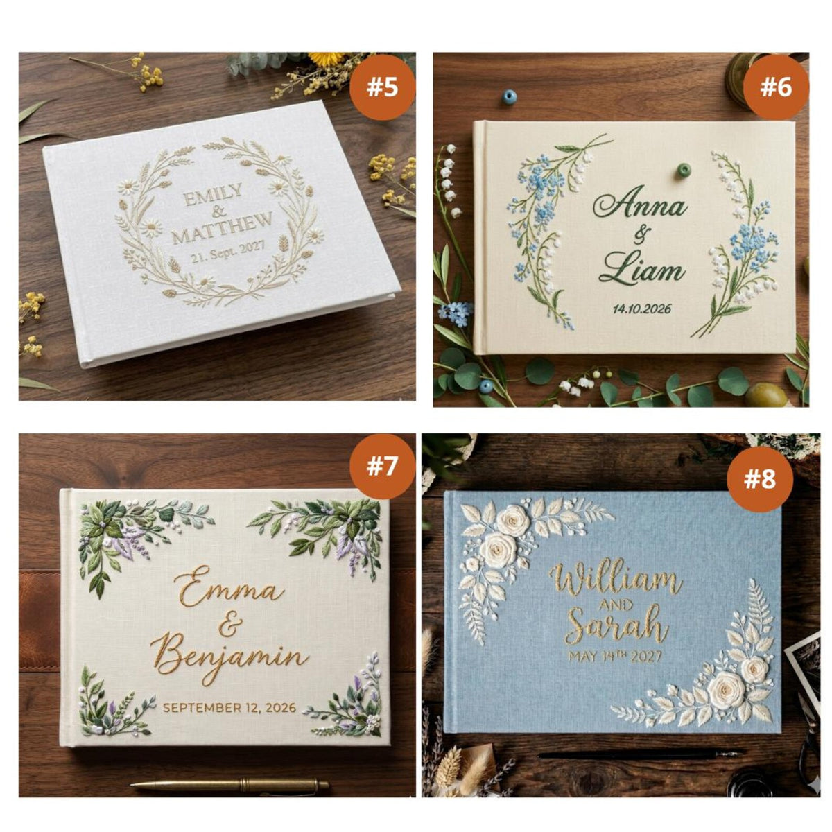 Floral Wreath Guest Book, Names & Date by The Thread Nest, hand-embroidered linen cover, photo 14