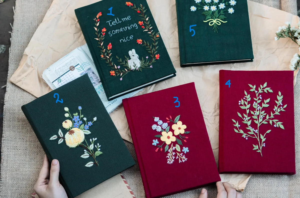 Vintage Linen Journal, Dark Green or Burgundy by The Thread Nest, hand-embroidered linen cover, photo 2