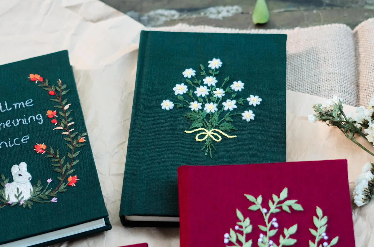 Vintage Linen Journal, Dark Green or Burgundy by The Thread Nest, hand-embroidered linen cover, photo 3