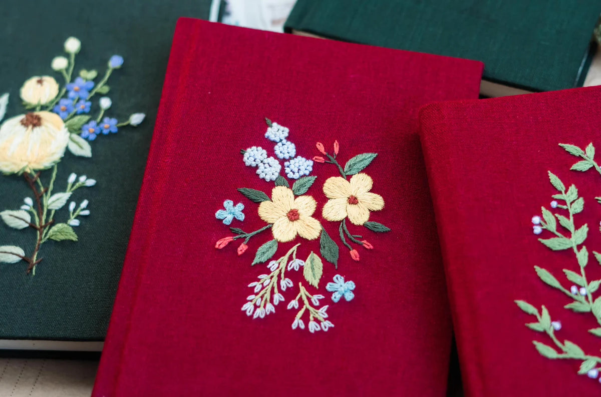 Vintage Linen Journal, Dark Green or Burgundy by The Thread Nest, hand-embroidered linen cover, photo 7