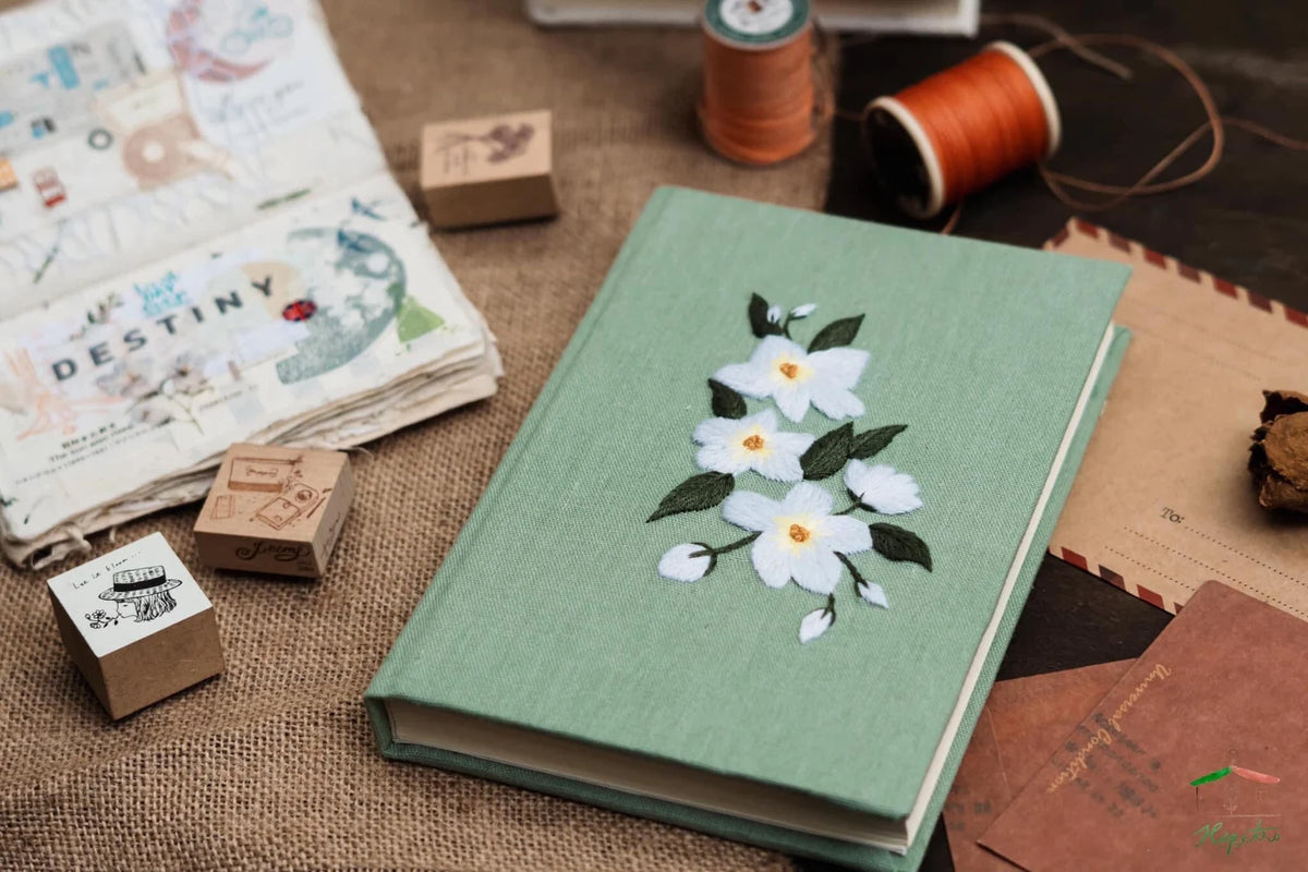 White Daisy Name Journal, Brown or Black Linen by The Thread Nest, hand-embroidered linen cover, photo 4