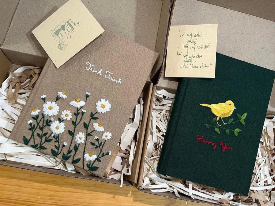 White Daisy Name Journal, Brown or Black Linen by The Thread Nest, hand-embroidered linen cover, photo 1