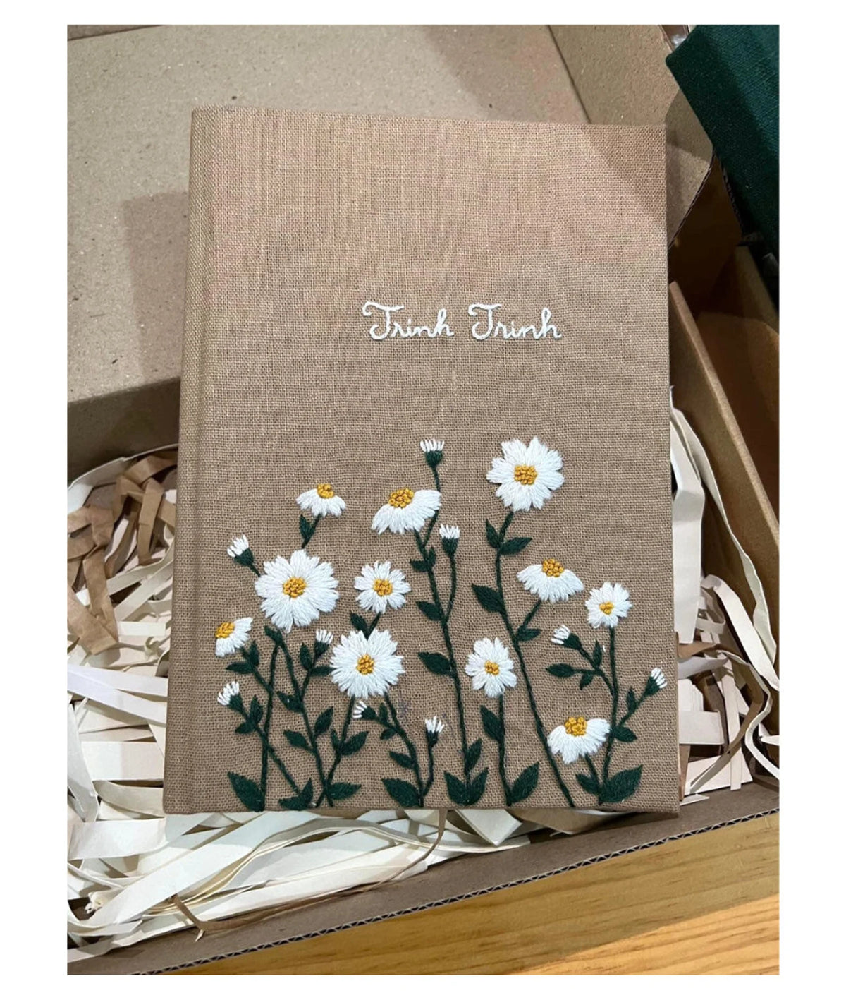 White Daisy Name Journal, Brown or Black Linen by The Thread Nest, hand-embroidered linen cover, photo 1