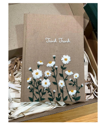 White Daisy Name Journal, Brown or Black Linen by The Thread Nest, hand-embroidered linen cover, photo 1
