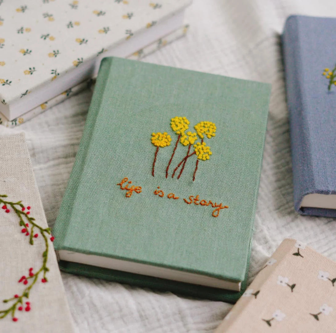Your Words Embroidered Journal, Green or Blue Linen by The Thread Nest, hand-embroidered linen cover, photo 1