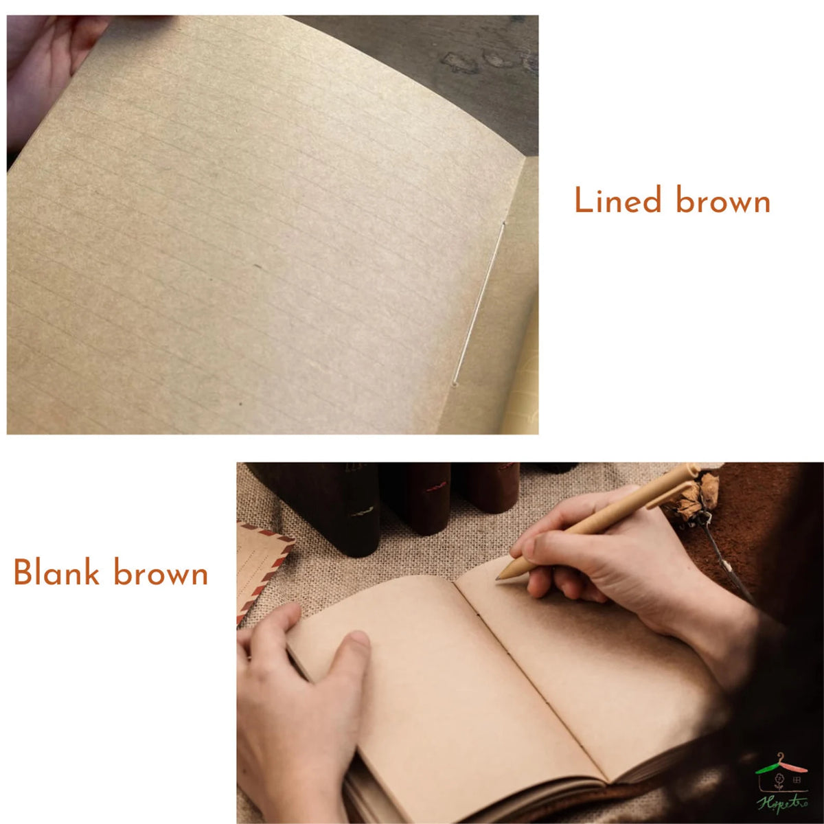 Lined brown pages shown inside an open notebook