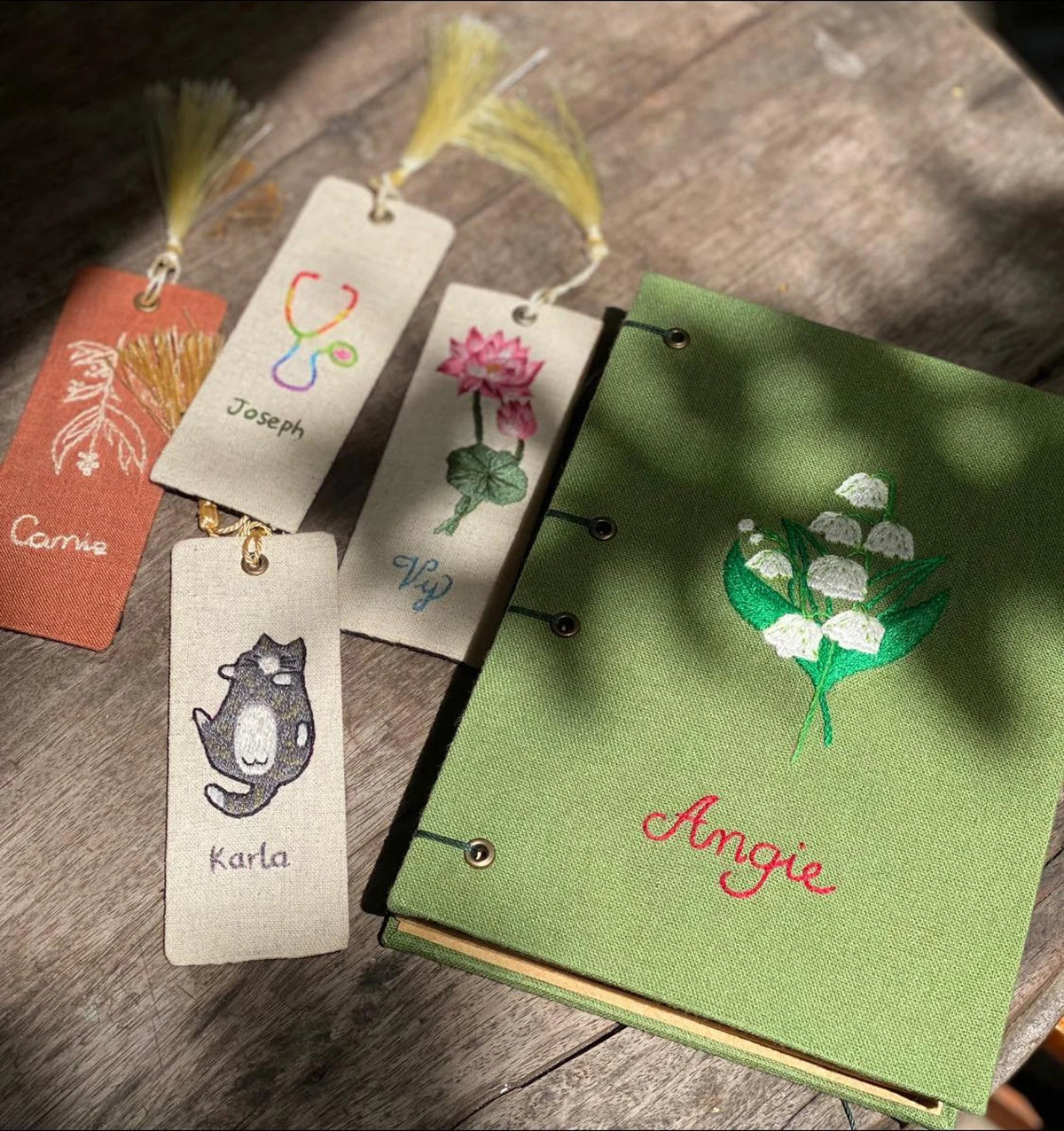 Lily of the Valley Embroidered Journal by The Thread Nest, hand-embroidered linen cover, photo 6