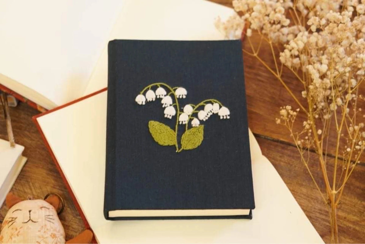 Lily of the Valley Embroidered Journal by The Thread Nest, hand-embroidered linen cover, photo 2