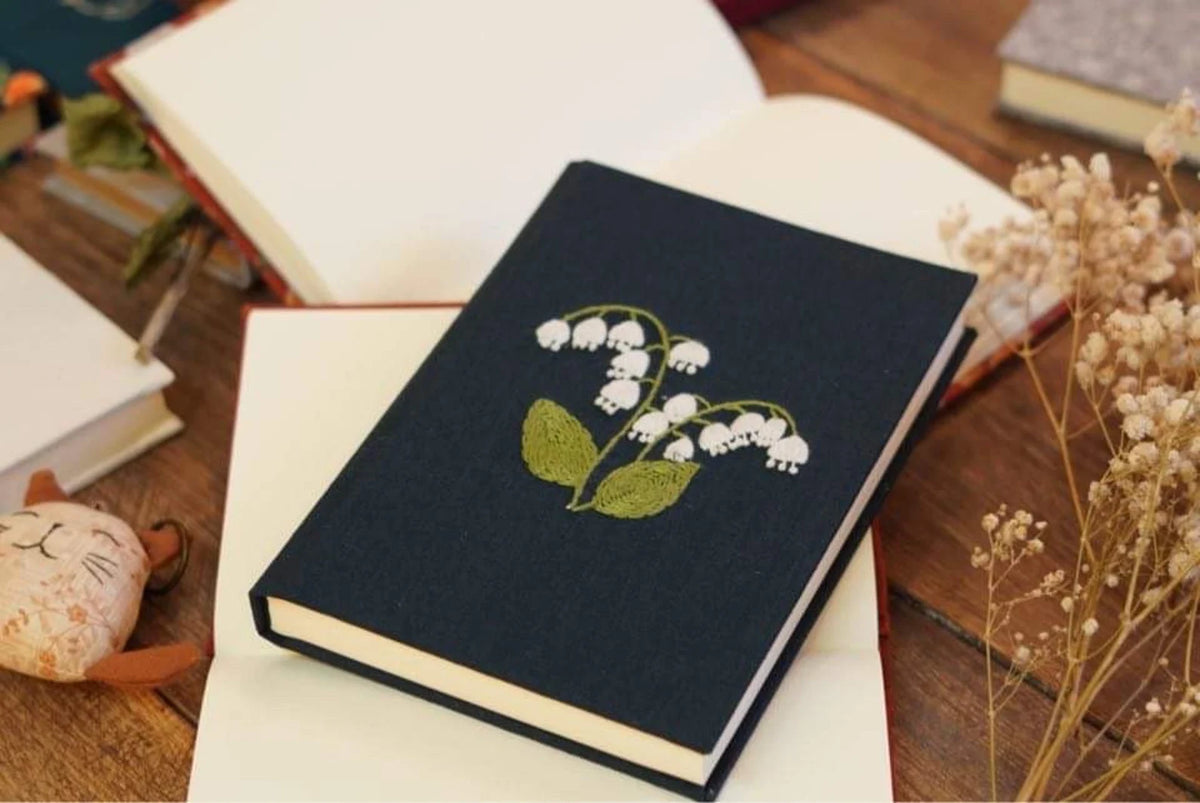 Lily of the Valley Embroidered Journal by The Thread Nest, hand-embroidered linen cover, photo 7