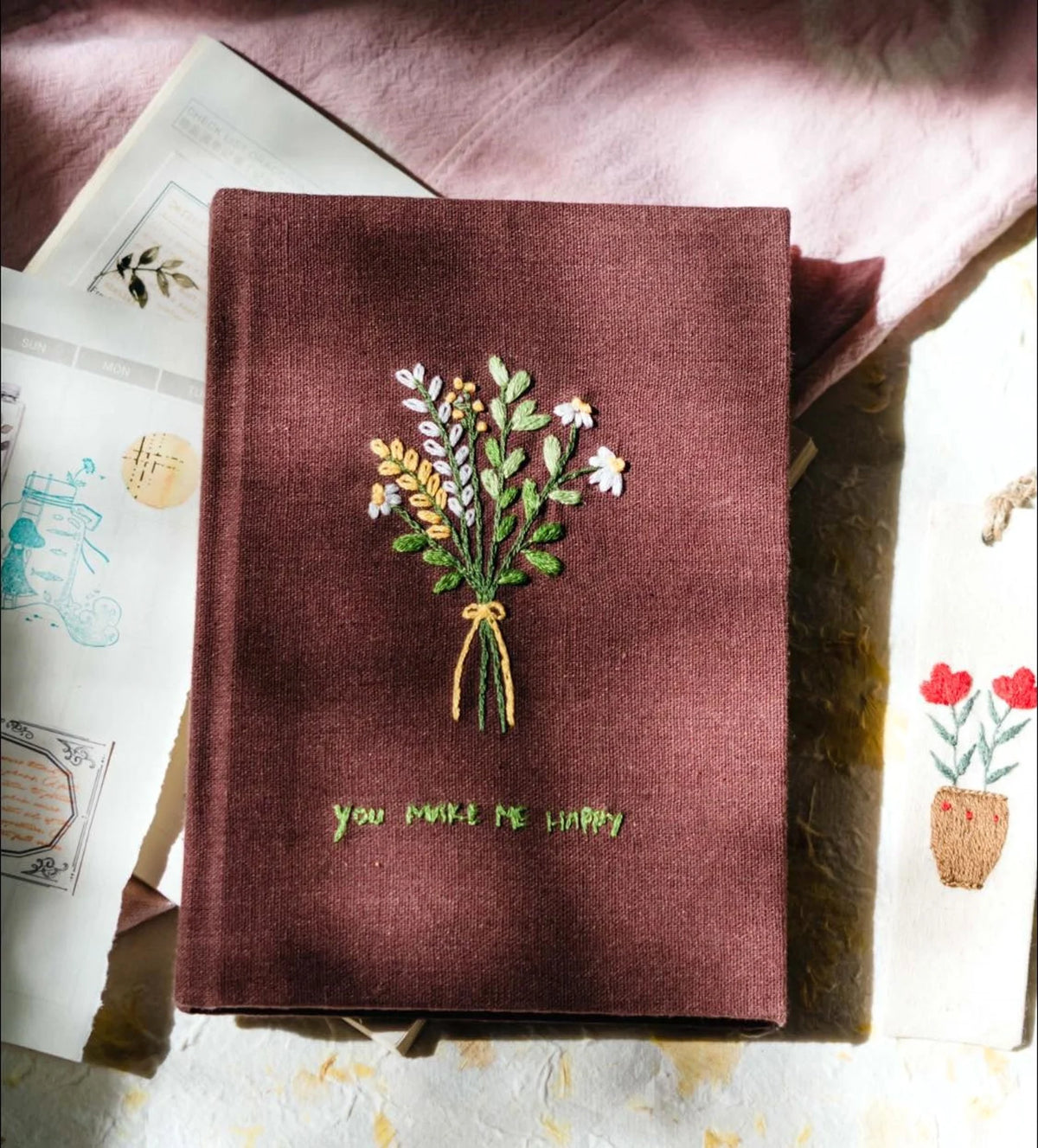 Daisy Posy Journal, Green or Burgundy by The Thread Nest, hand-embroidered linen cover, photo 4