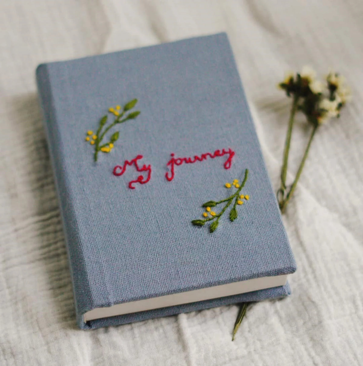 Your Words Embroidered Journal, Green or Blue Linen by The Thread Nest, hand-embroidered linen cover, photo 4