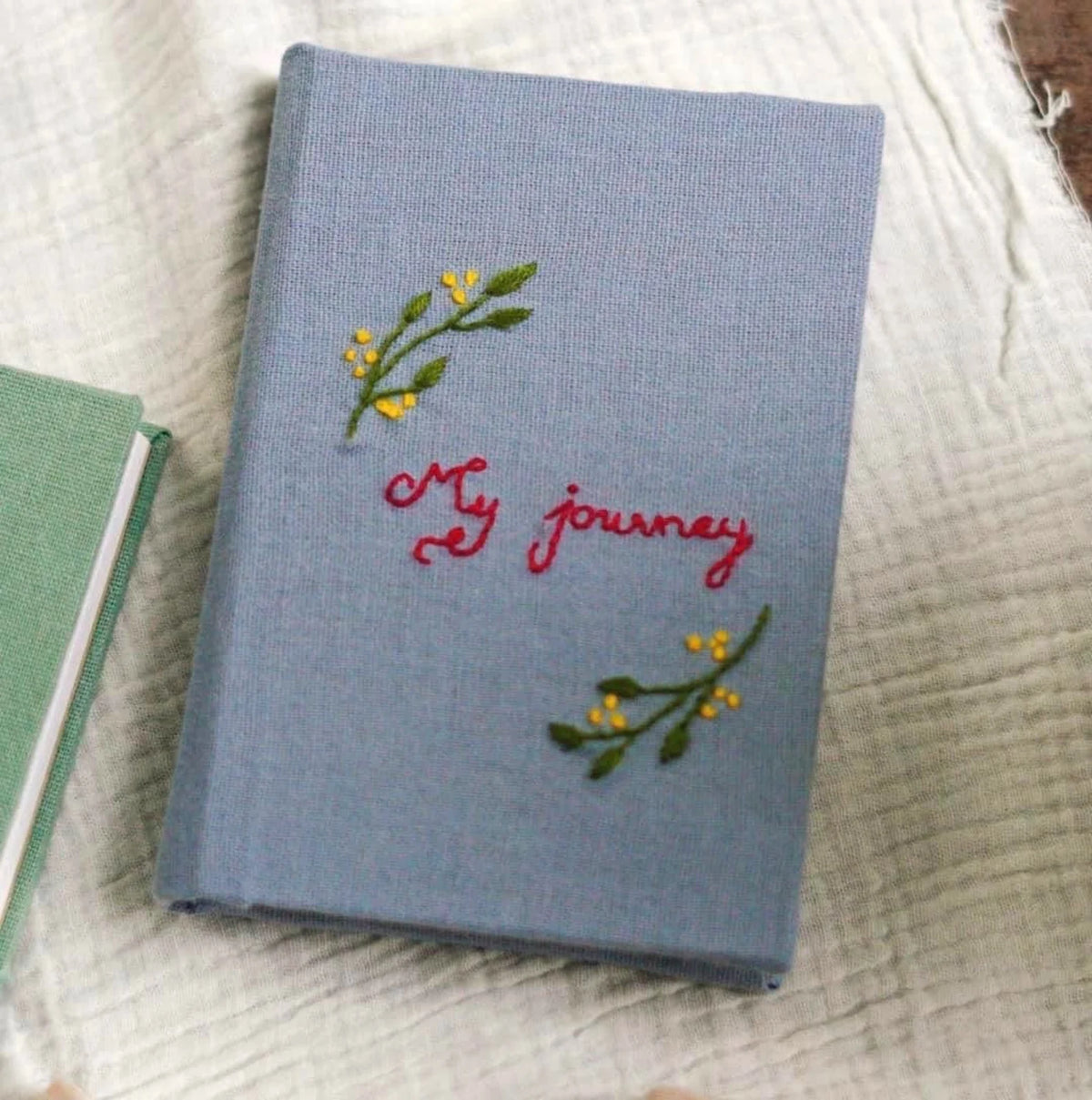 Your Words Embroidered Journal, Green or Blue Linen by The Thread Nest, hand-embroidered linen cover, photo 5