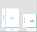 Size guide: A5 measures 210 by 148 mm, A6 measures 148 by 105 mm