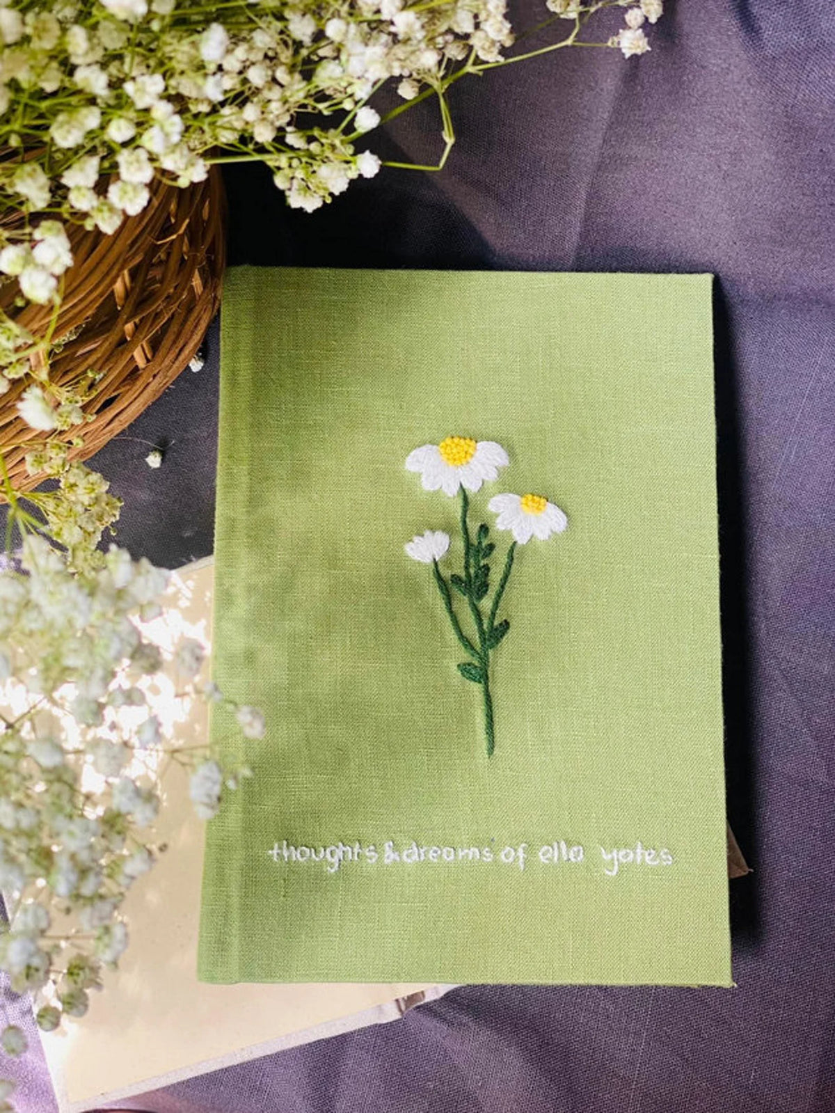 Personalised Name Journal, Choose Your Flower by The Thread Nest, hand-embroidered linen cover, photo 7
