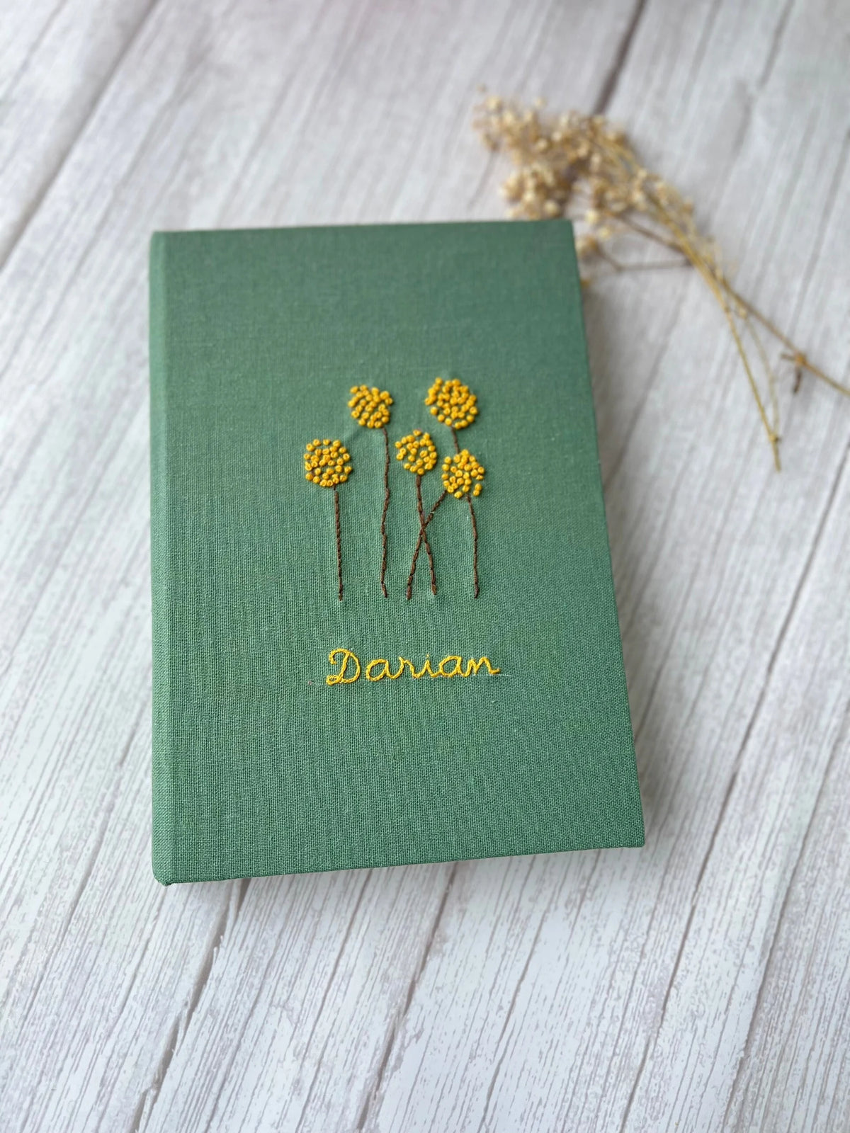 Your Words Embroidered Journal, Green or Blue Linen by The Thread Nest, hand-embroidered linen cover, photo 1