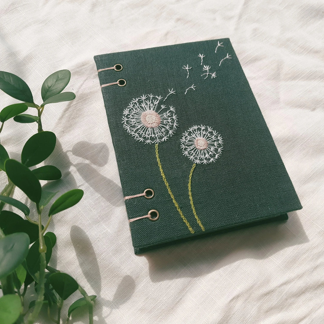 Dandelion Embroidered Journal A5, Exposed Spine by The Thread Nest, hand-embroidered linen cover, photo 1