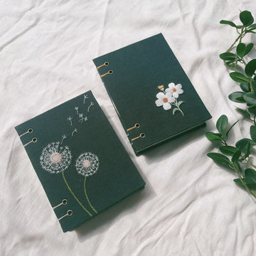 Dandelion Embroidered Journal A5, Exposed Spine by The Thread Nest, hand-embroidered linen cover, photo 1