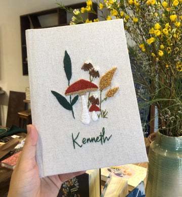 Mushroom & Wheat Embroidered Journal, Personalised by The Thread Nest, hand-embroidered linen cover, photo 1